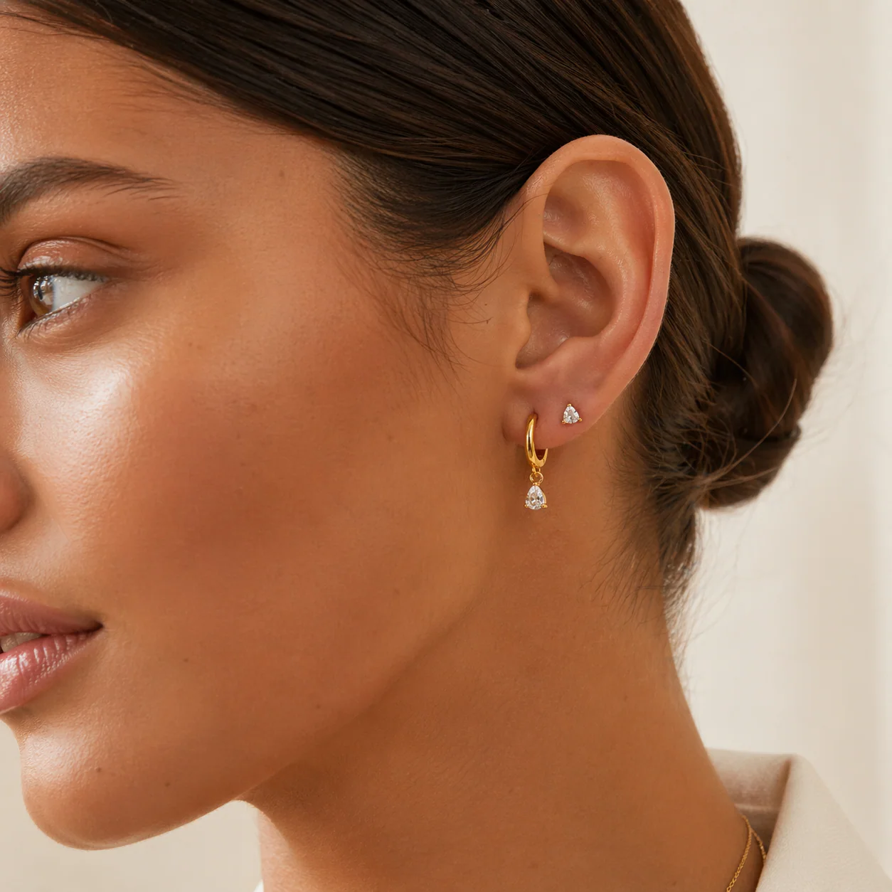 Crystal Drop Hoop Earrings & Diamond Trio Studs Set Gold