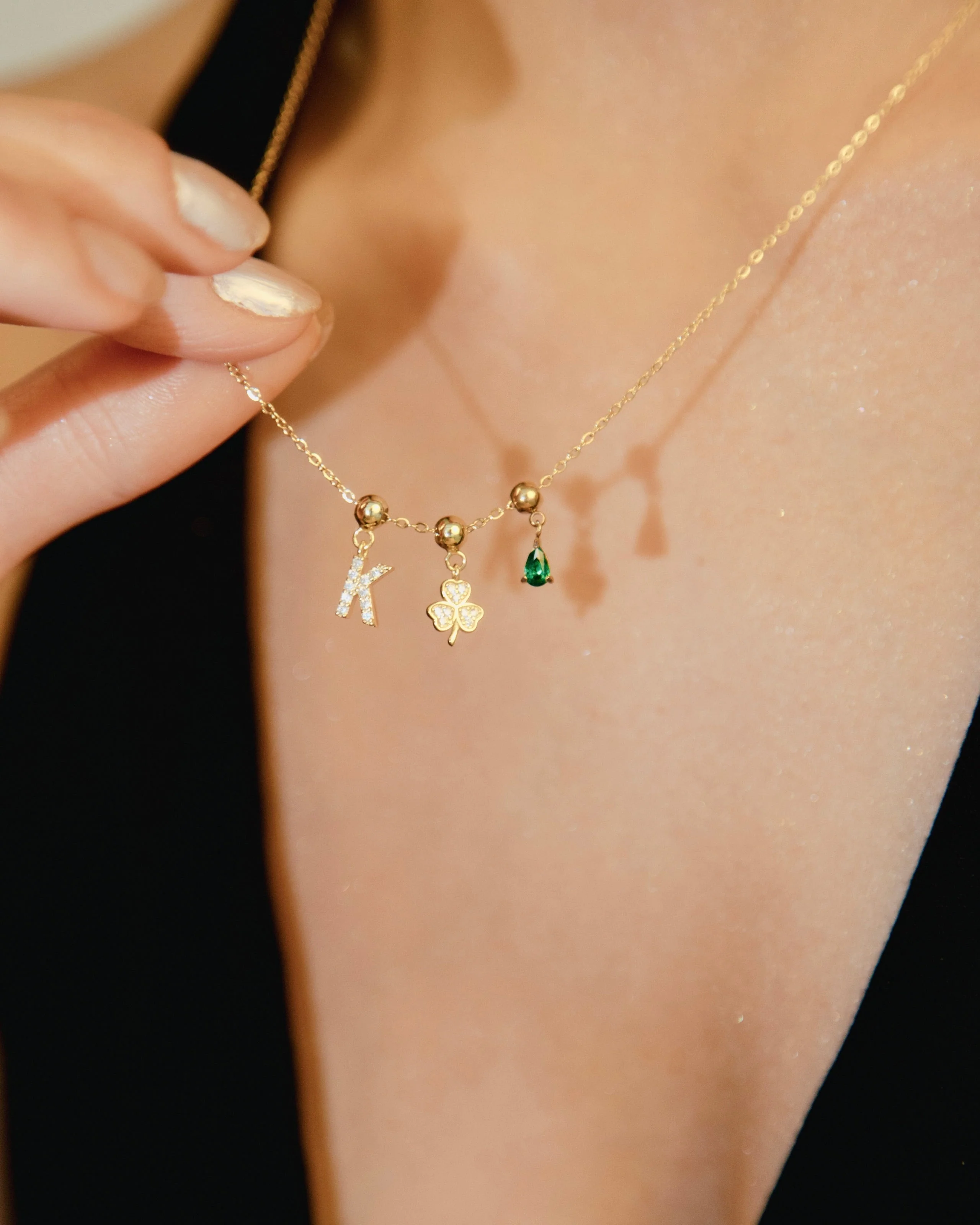 F Lucky Emerald Charm Necklace Gold - Image 3