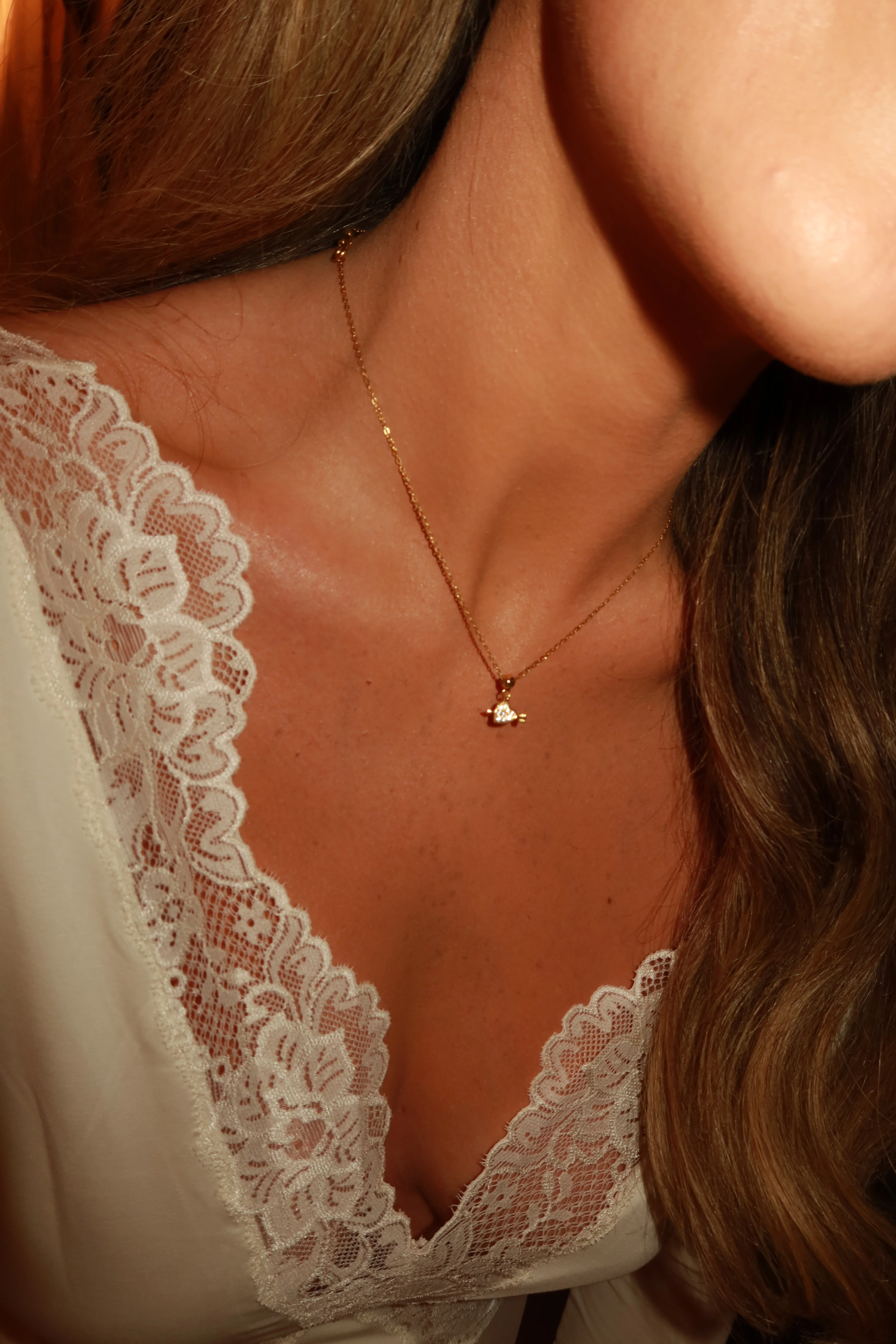 Heart & Arrow Charm Necklace & Heart Drop Studs Set Gold - Image 5