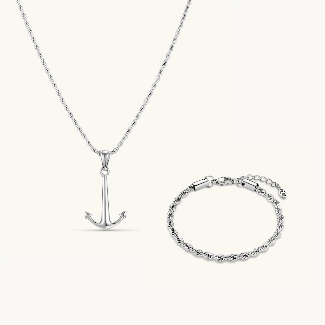 Men's Anchor Chain Necklace & Rope Bracelet Set in Silver