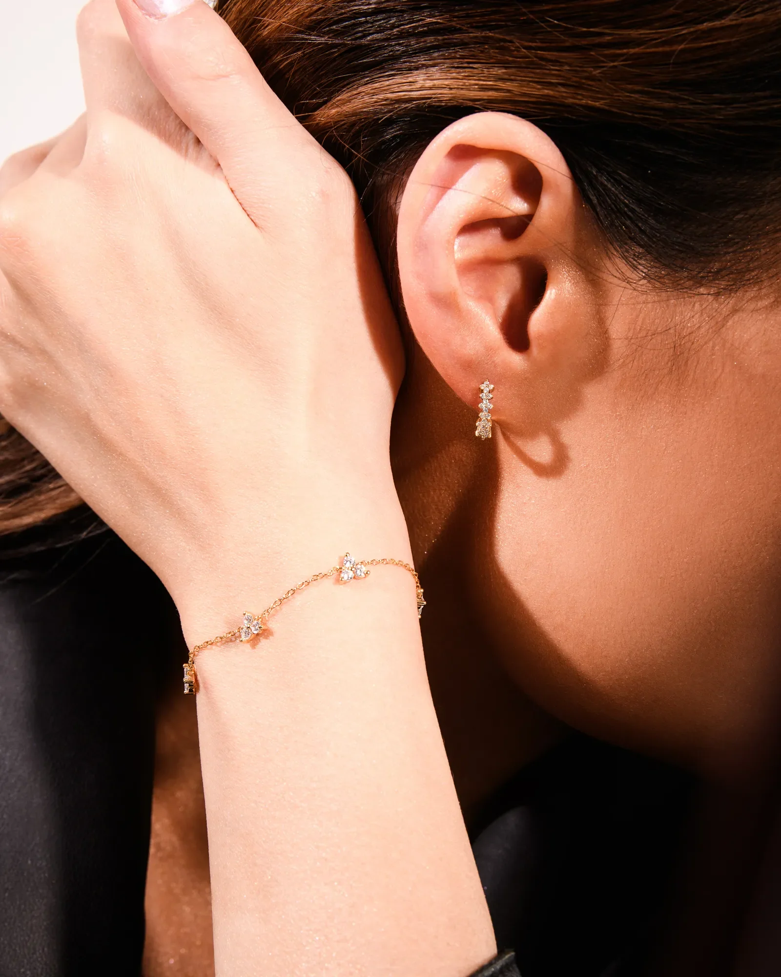 Trinity Infinity Bracelet & Flora Crystal Hoops Set in Gold - Image 2