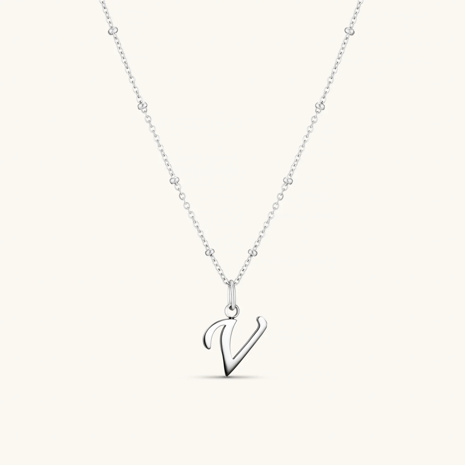 V Script Initial Necklace Silver